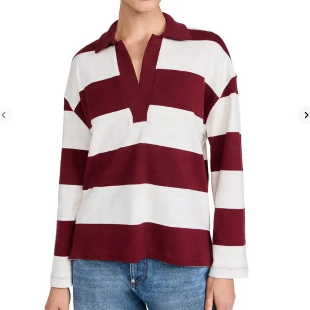 Madewell Women's Chad Rugby Stripe Polo Shirt, Burgundy & Cream, Size M